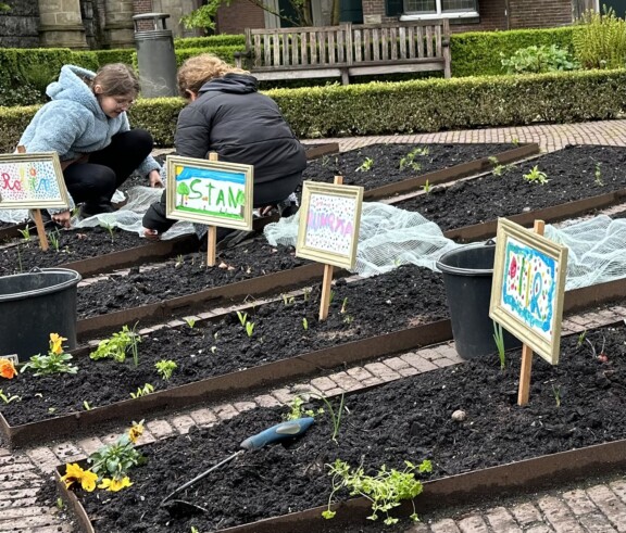 Plantefelt i en skolehage med skilt laget av elevene