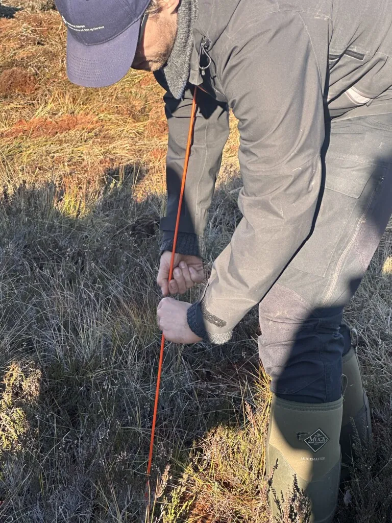 Eirik Walla måler dybda på myra. 6 meter