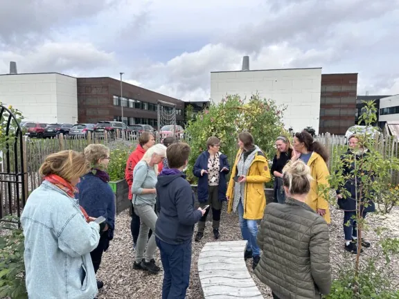 Flere personer som står ute i en skolehage