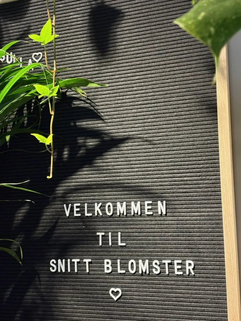 Svart tavle med hvite bokstaver som sier: Velkommen til snitt blomster