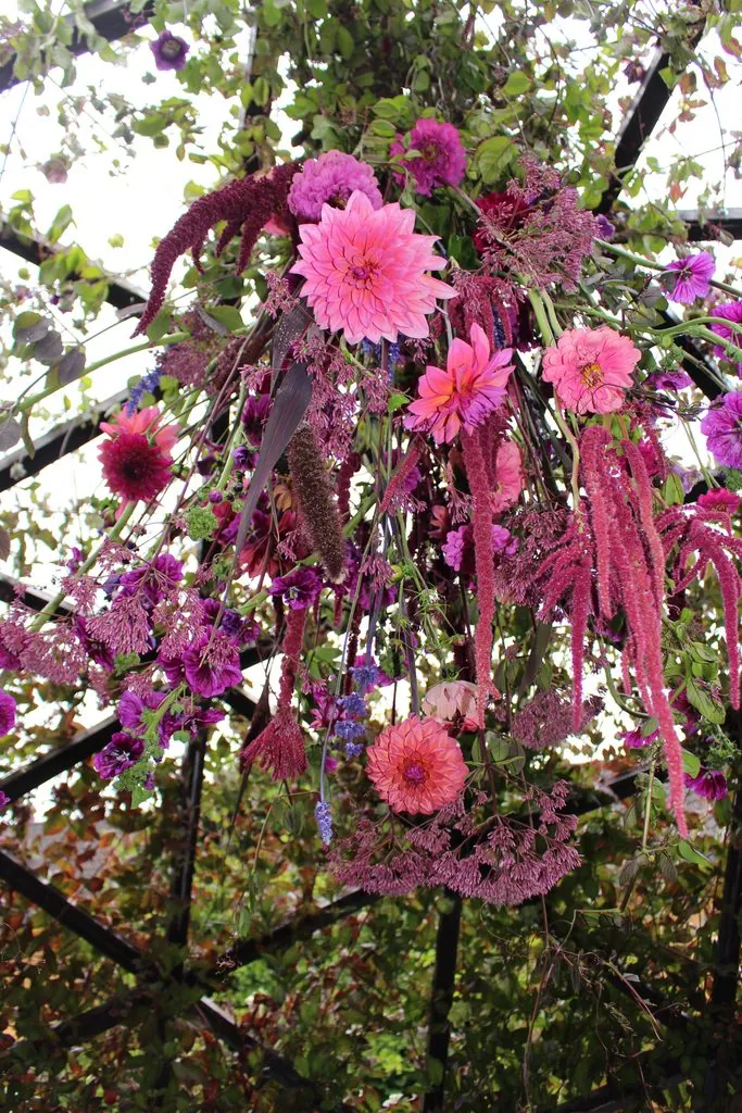 En bukett med rosa blomster som henger opp ned