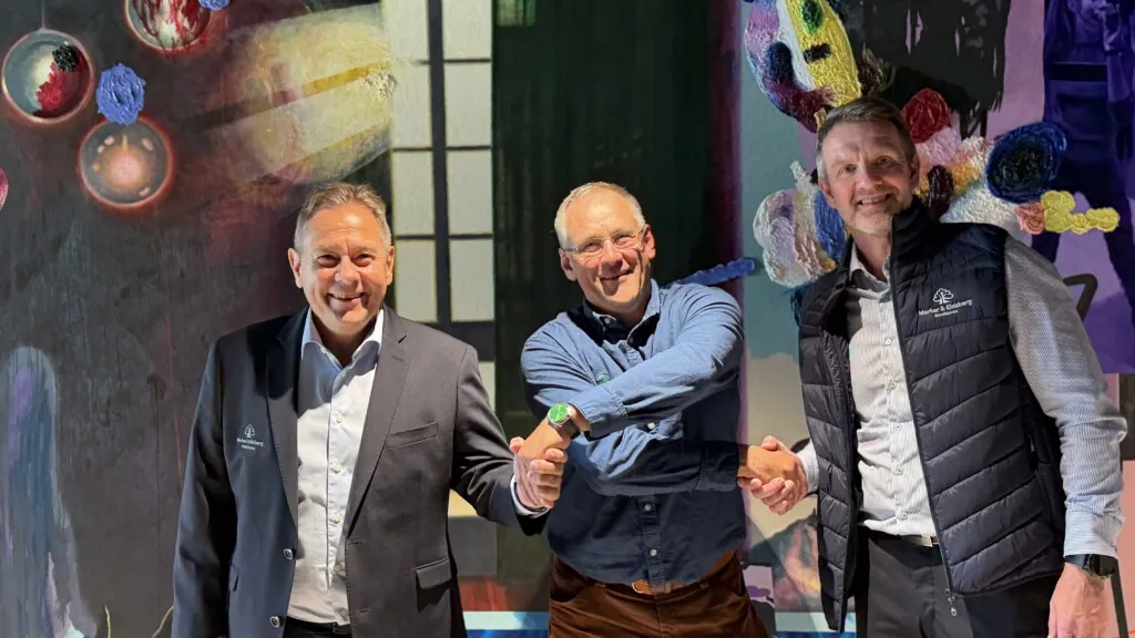 Tre menn som vennskapelig holder hender