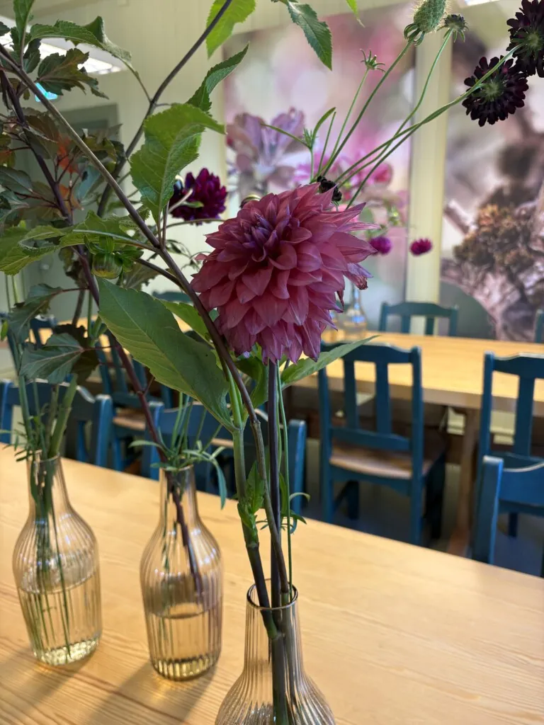 Blomster i vase på langbord i kantina
